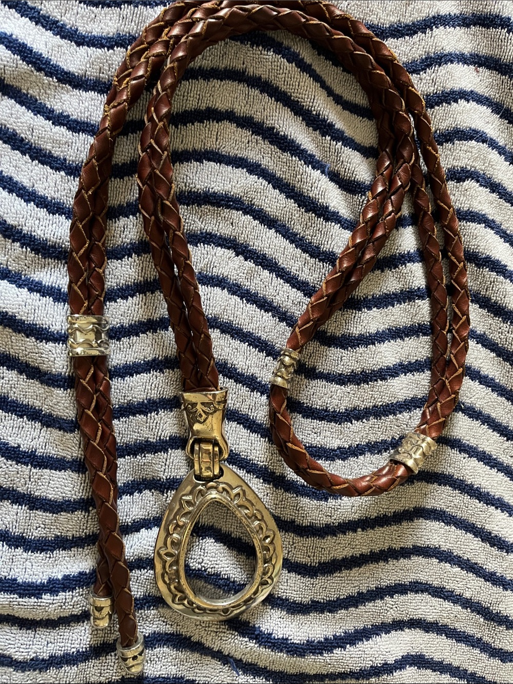 Brighton Brown Braided Leather Lariat with Antique Silver-Tone Pendant